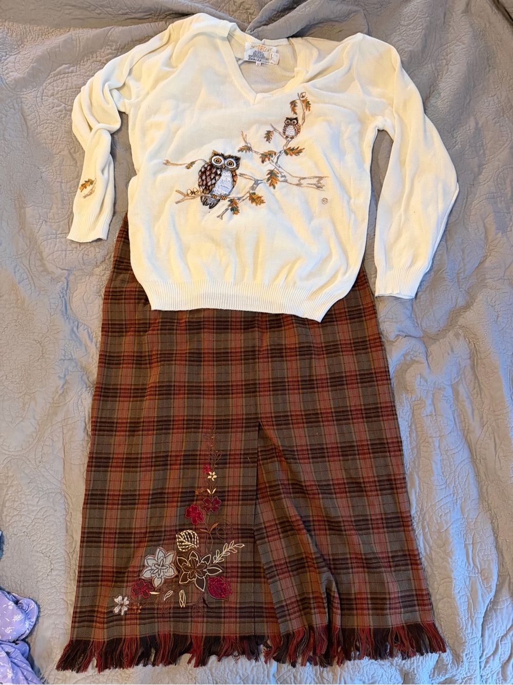 Vtg Plaid Fringe Midi Skirt and Sweater with Owl embroidery cord set